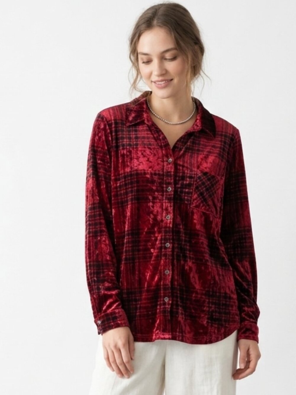 Belle Kim Gravel Blouse Velour Plaid Red Grunge Button Up Goth Casual L